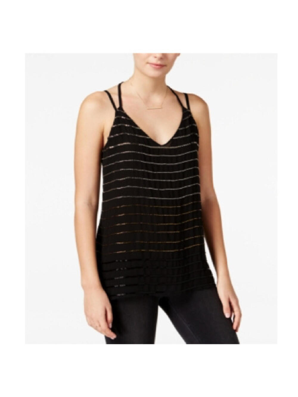 NWT Bar III Black Gold Bead-Striped Double-Strap Top Chiffon Overlay Cami Tank S